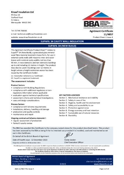 Knauf Insulation Supafil® 34 - BBA Certificate 11/4857 (New Build)
