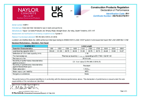 Hi-Spec R11 Concrete Lintel - Declaration of Performance