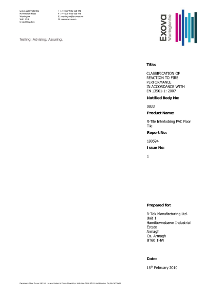 CLASSIFICATION OF REACTION TO FIRE PERFORMANCE IN ACCORDANCE WITH EN 13501-1: 2007