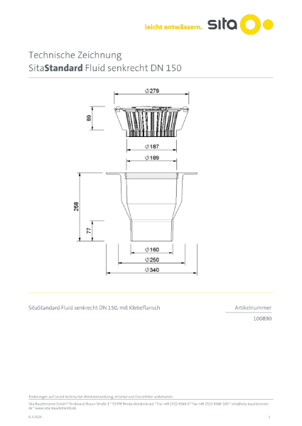 DN150 SitaStandard Fluid Vertical Roof Outlet - Technical Drawing