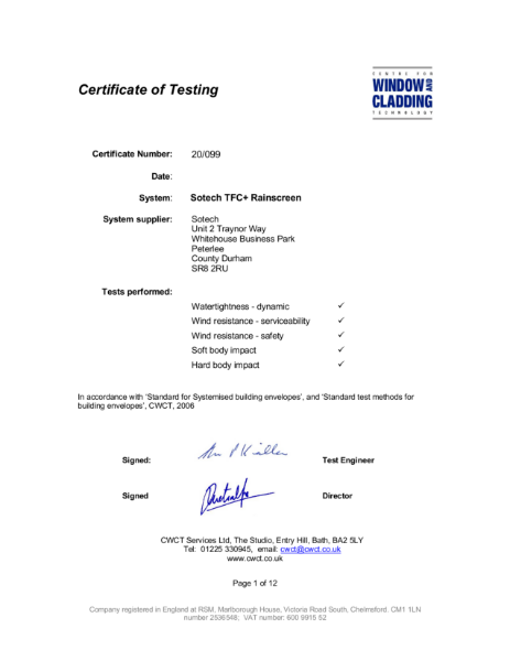 CWCT Certificate for Sotech Optima TFC+ Through Fix Cassette System