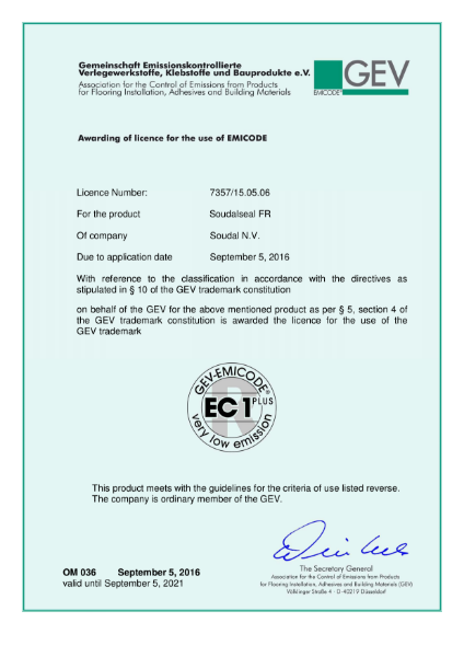 Soudaseal FR - EC1R Certificate