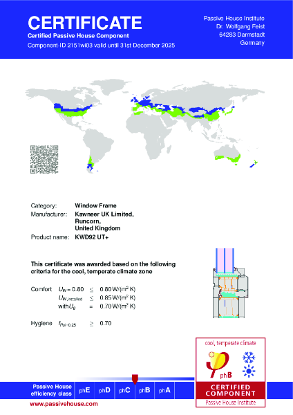 Passive House Certificate KWD92 UT+ Window Frame