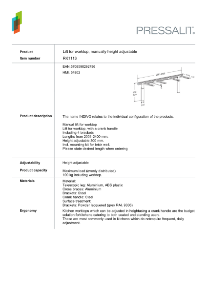 RK1113 - Lift for kitchen worktop, manually height adjustable – Product Data Sheet