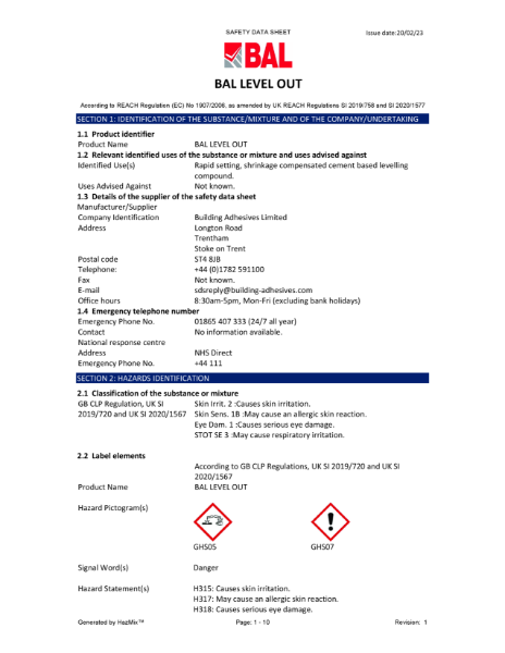 BAL Level Out - Material Safety Datasheet