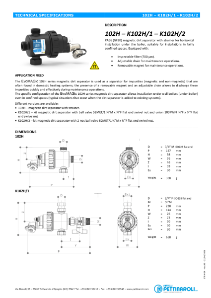 Pettinaroli Evo Magic Dirt Seperator  - 102h - k102h-1 - k102h-2  rev.02 - Techncial Data Sheet