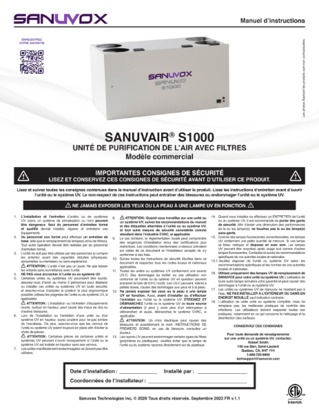 Manuel d'instructions du Sanuvair S1000 (FR)