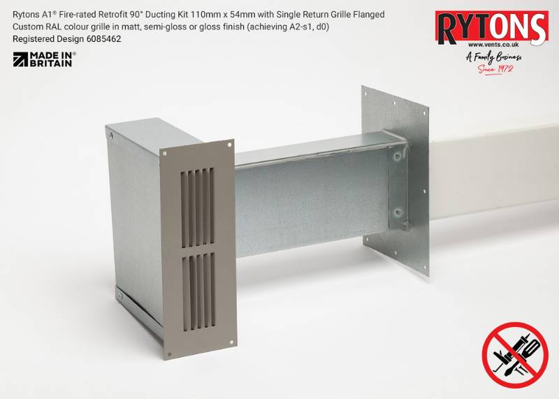Rytons A1 Fire-rated Retrofit 90° Ducting Kit 110mm x 54mm with Single Air Brick Grille