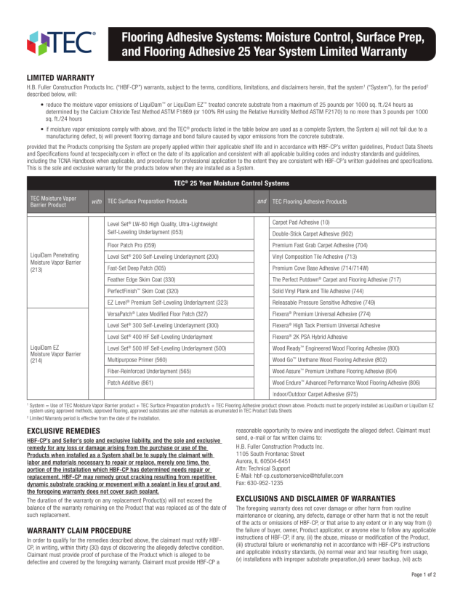 Flooring Adhesive Systems: Moisture Control, Surface Prep,
and Flooring Adhesive 25 Year System Limited Warranty