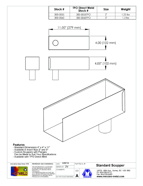 TECHNICAL DRAWING - ECONO COPPER BOX SCUPPER - TPO