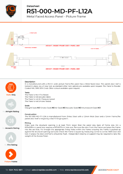 Datasheet - Metal Faced Riser Door Picture Frame None Fire Rated – R51-000-MD-PF-L12A