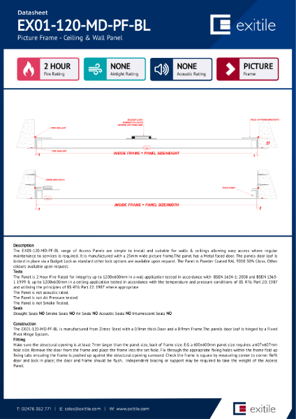Datasheet - Slimfit Metal Access Panel - Picture Frame - 2 Hour Fire Rated