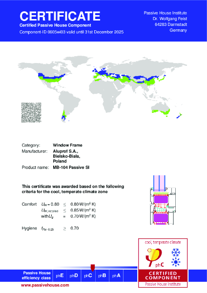 Aluprof MB-104 SI Window - Passivhaus Certificate phC