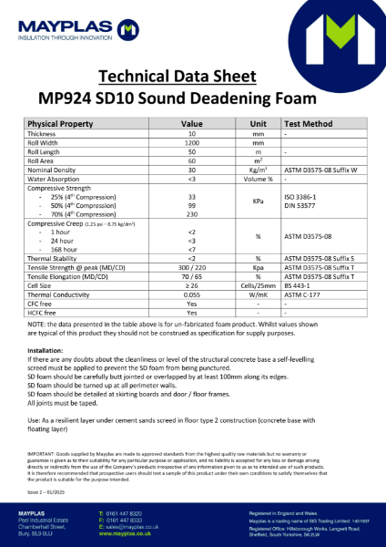 Mayplas MP924 Sound Deadening Foam SD 10 Technical Data Sheet Issue 02 01 2025