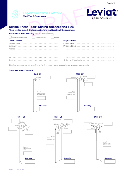 Leviat Ancon SAH Sliding Anchors Design Sheet