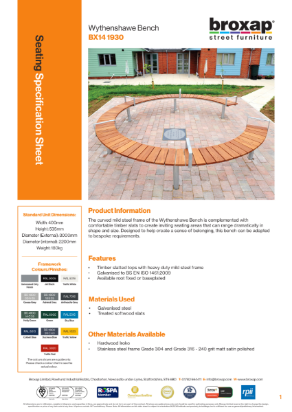 Wythenshawe Bench Specification Sheet