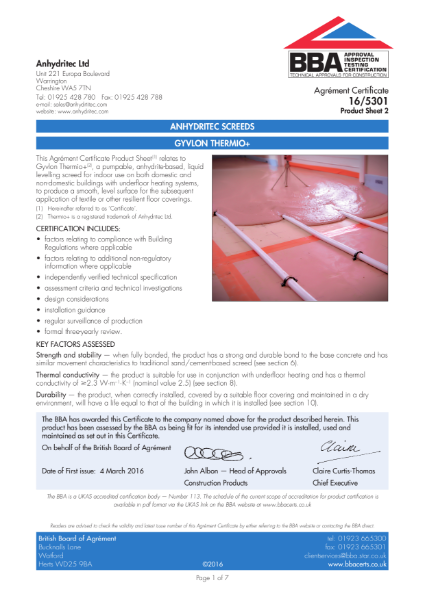 BBA certificate 16-5301 Thermio+ Anhydrite Screeds