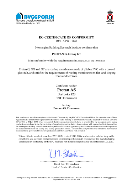 EC Certificate of Conformity for Protan G, GG and GT Membranes