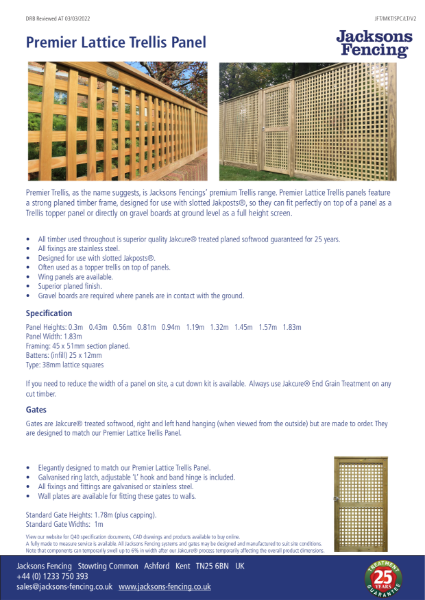 Premier Lattice Trellis Panel Specification Sheet