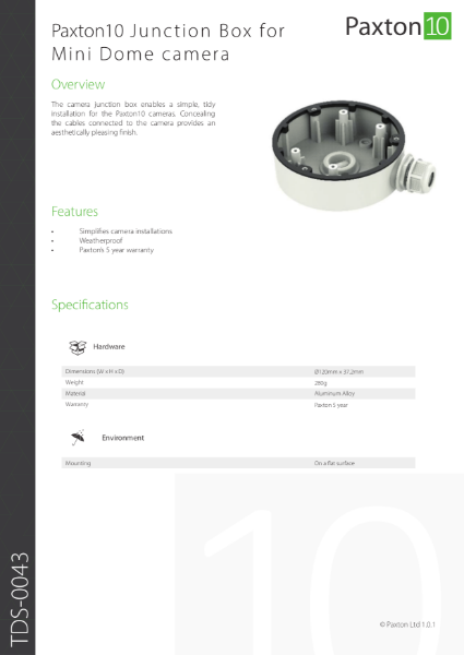 Paxton10 Mini Dome Camera Junction Box - data sheet