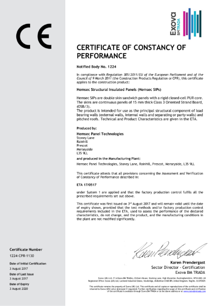 Hemsec SIPs CE Certificate - Certificate of Constancy of Performance