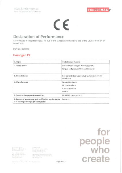 Declaration of Performance Homogen Particleboard P2