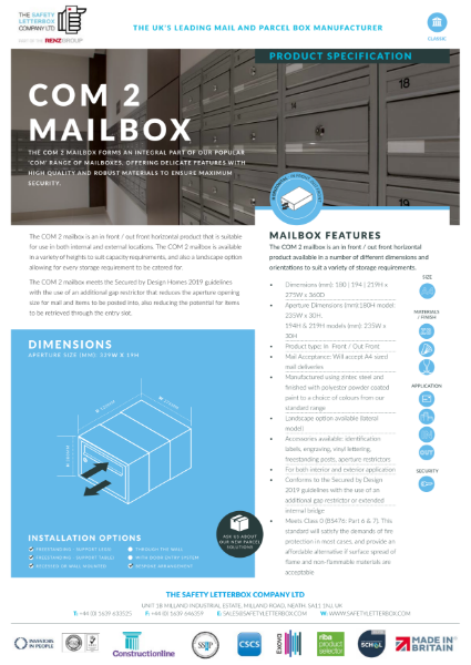 COM 2 Steel Door Mailbox Data Sheet