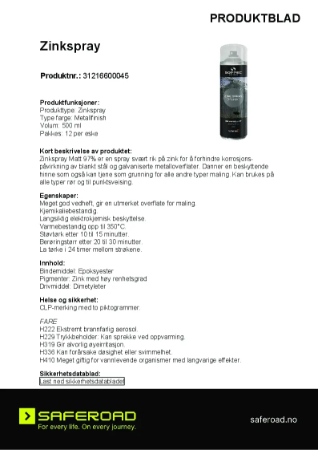 Zinkspray, 500 ml - Produktblad