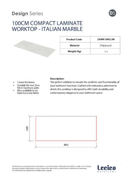 Zara 100 cm Width 12 mm Compact Laminate Worktop - Italian Marble