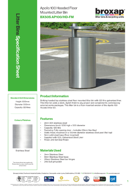 Apollo Post Mounted Litter bin Specification Sheet