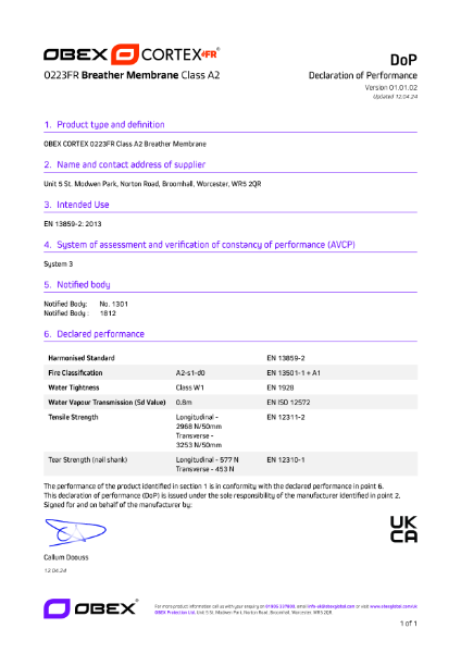 OBEX CORTEX 0223FR Class A2 Breather Membrane W1 - DoP