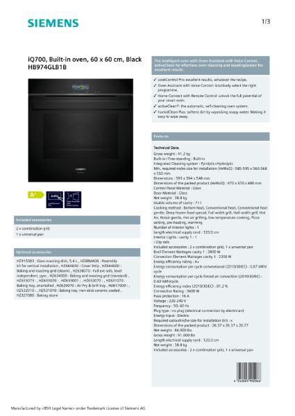 iQ700, Built-in oven, 60 x 60 cm, Black HB974GLB1B