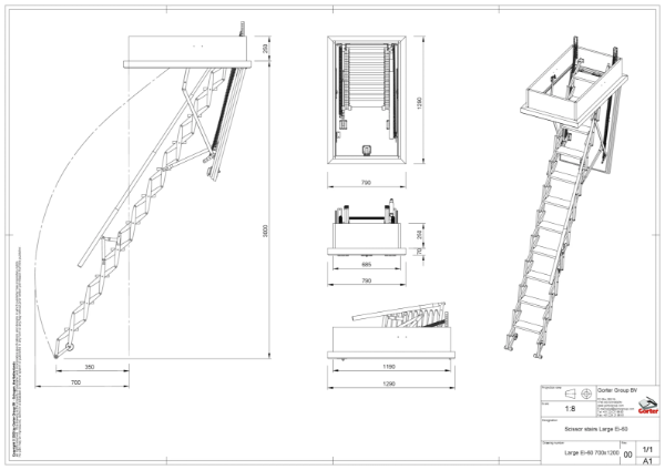 Gorter Scissor stairs - Large EI-60 700 x 1200 mm – Ceiling height up to 3000 mm - Technical 2D Drawing