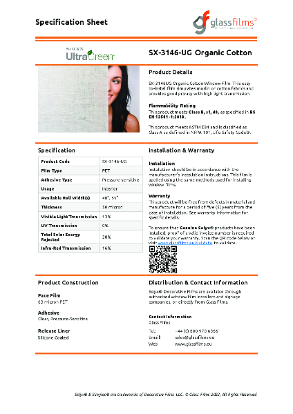 SX-3146-UG Organic Cotton Specification Sheet