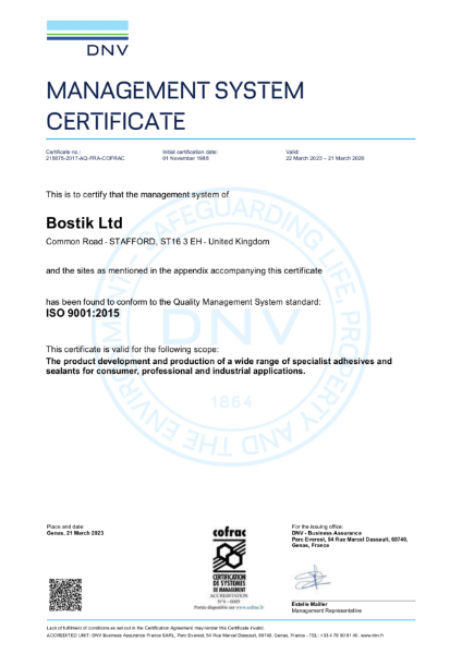 Bostik UK ISO 9001 Certification