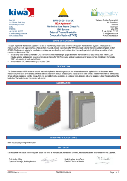 BAW-21-201-S-A-UK - Wetherby Steel Frame Direct Fix EWI System BDA Certificate