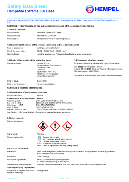 Hempafire Extreme 550 Safety Data Sheet