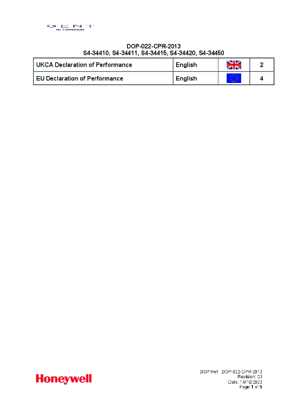 Honeywell Gent S4-34450 EN54 Declaration of Performance