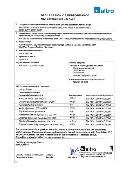 Altro Wood adhesive-free Declaration of Performance
