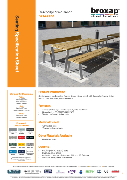Caerphilly Picnic Bench Specification Sheet