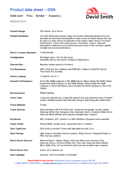 DSA - Enhanced Acoustic Fire Door - Timber Doorset - NFR, FD30, FD60
