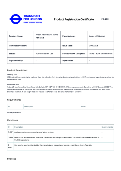Transport For London Product Registration Certificate - ARDEX X 32