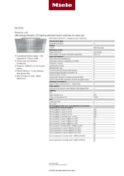 Miele DA 2578 Product Spec Sheet