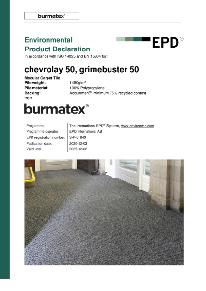 EPD certificate for carpet tiles chevrolay 50 & grimebuster 50