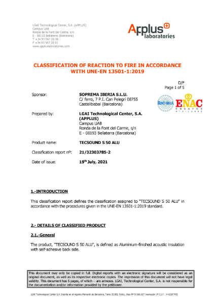 Tecsound® SY50 ALU Fire Certification