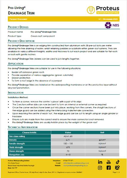 Product Data Sheet - Pro-Living® Drainage Trim