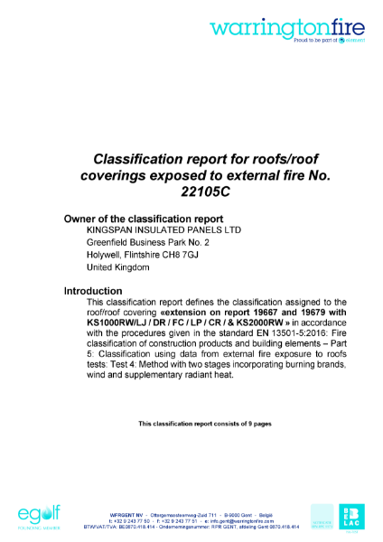 Classification report for roofs/ roof coverings exposed to external fire No. 22105C