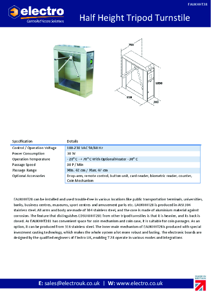 Half Height Tripod Turnstile - Data Sheet