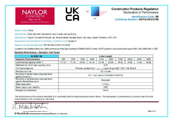 Hi-Spec R8 Concrete Lintel - Declaration of Performance