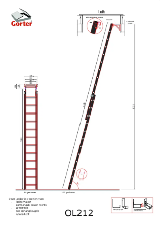 Gorter Ladder OL212 for Roof Hatch - max floor height 5220 mm – Technical 2D Drawing
